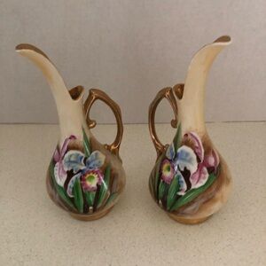 VTG 1950s Pair Ucagco Hand Painted Orchid Porcelain Bud Vases w 24k Gold Gilt